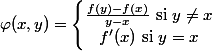 \varphi (x,y)=\left\lbrace\begin{matrix} \frac{f(y)-f(x)}{y-x} \text{ si } y\neq x \\ f'(x) \text{ si } y=x \end{matrix}\right.